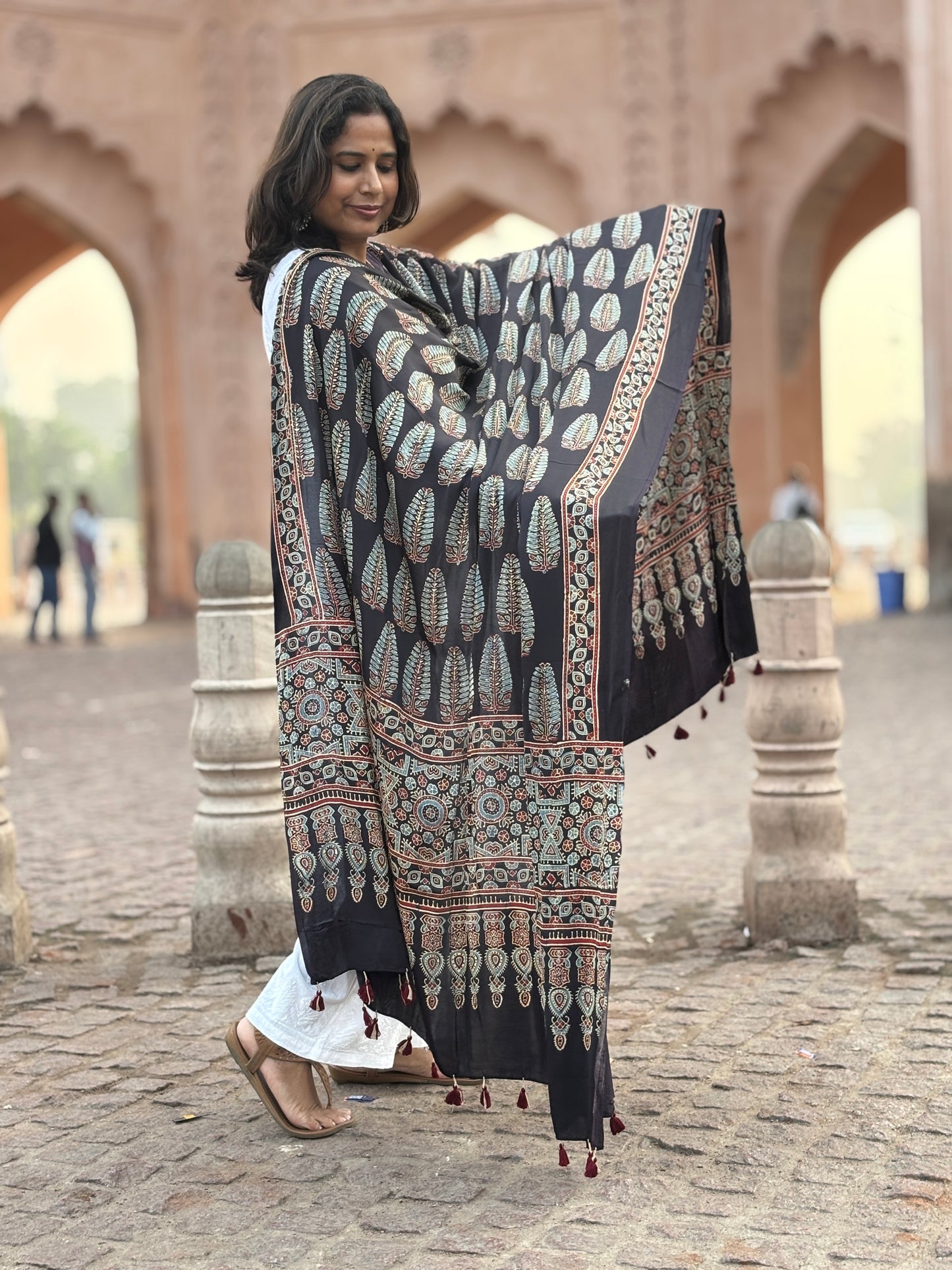 Black Colour Ashoka Motif Dupatta,ashoka motif, contemporary dupatta, side view.