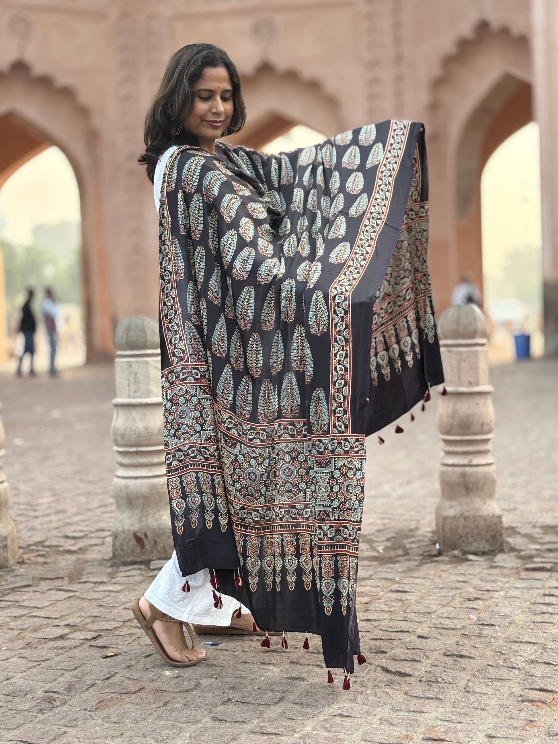 Black Colour Ashoka Motif Dupatta,ashoka motif, contemporary dupatta, side view.
