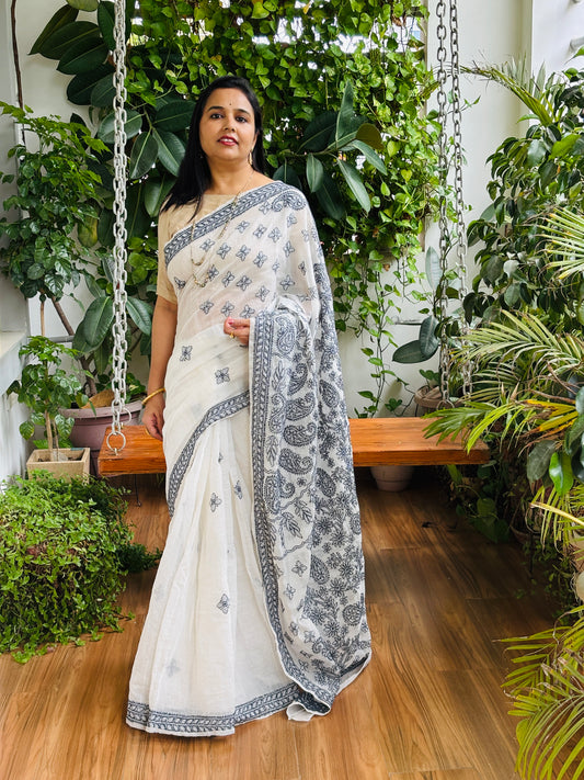 White Colour Chrushed Candri Cotton Chikankari Hand Embroidered Saree
