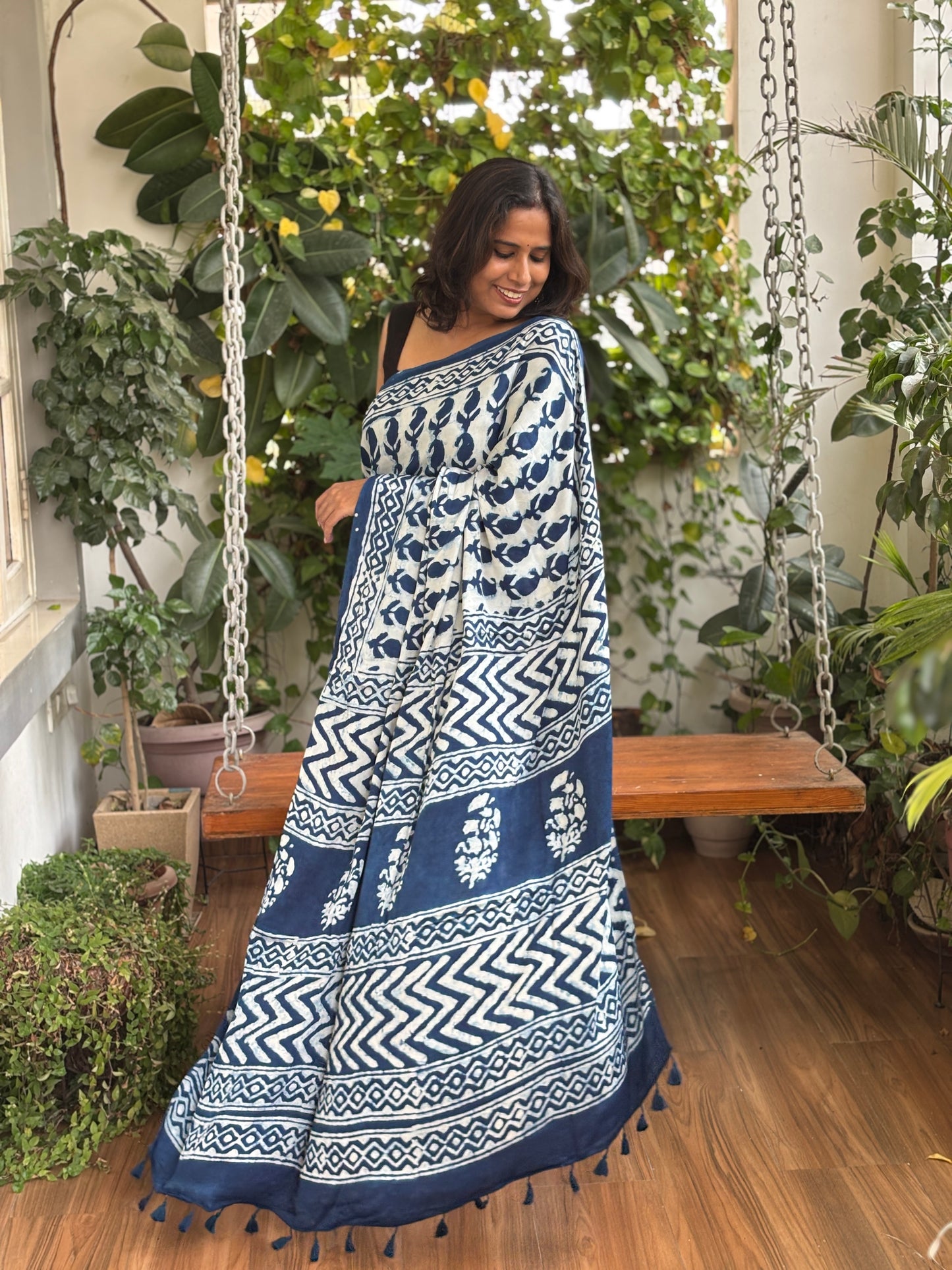 Indigo Dabu Hand Block Printed Modal Silk Saree, Anchal