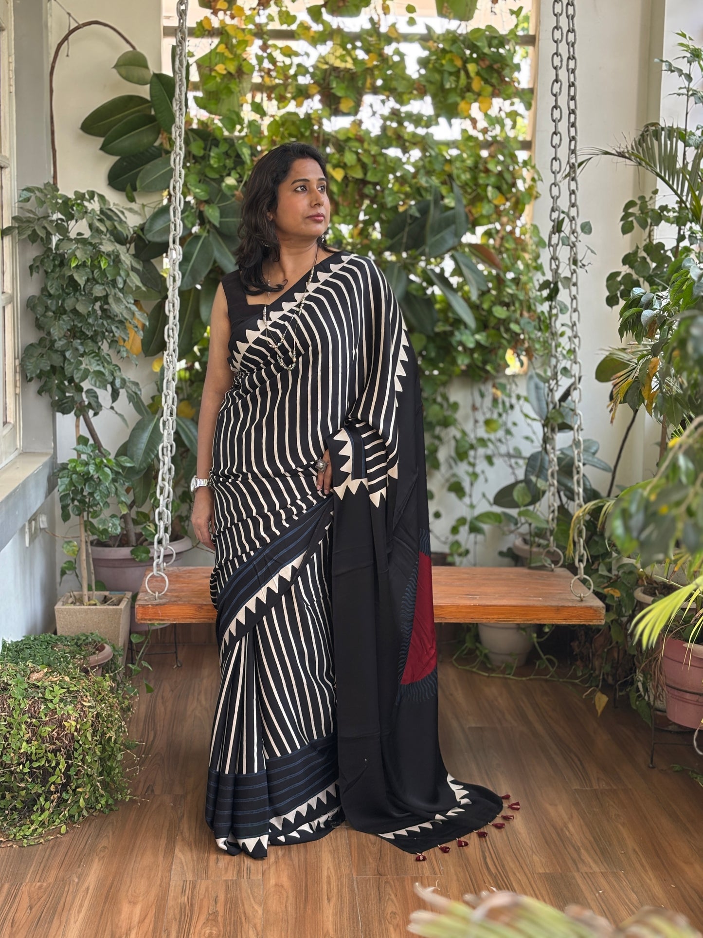 Black Ajrakh Contemporary Saree, Black ajrakh saree, Side view