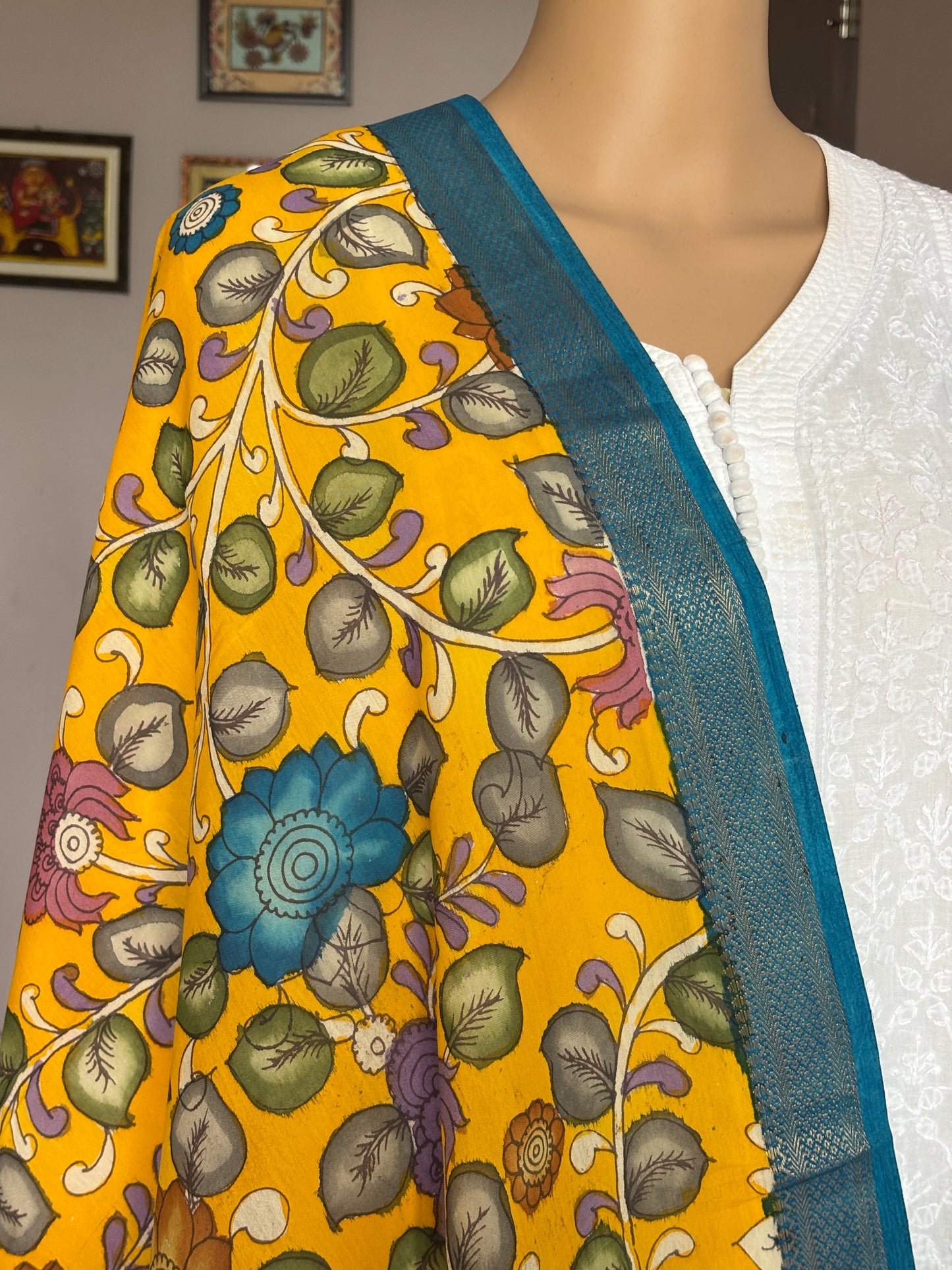 Srikalahasti Pen Kalamkari Hand Painted Silk Cotton Dupatta With Zari Weaved Border