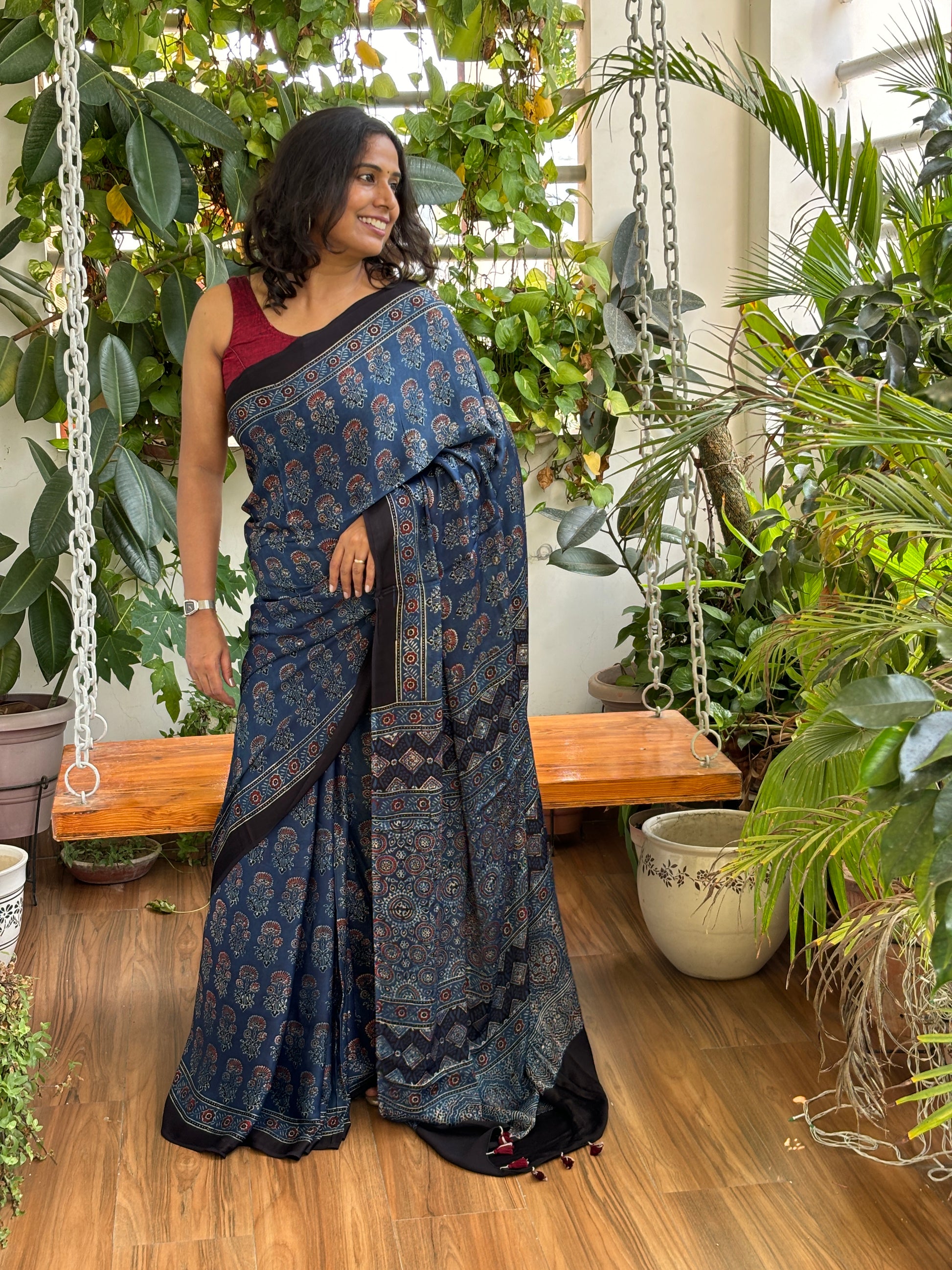 Ajrakh saree, ajrakh modal saree, front view.