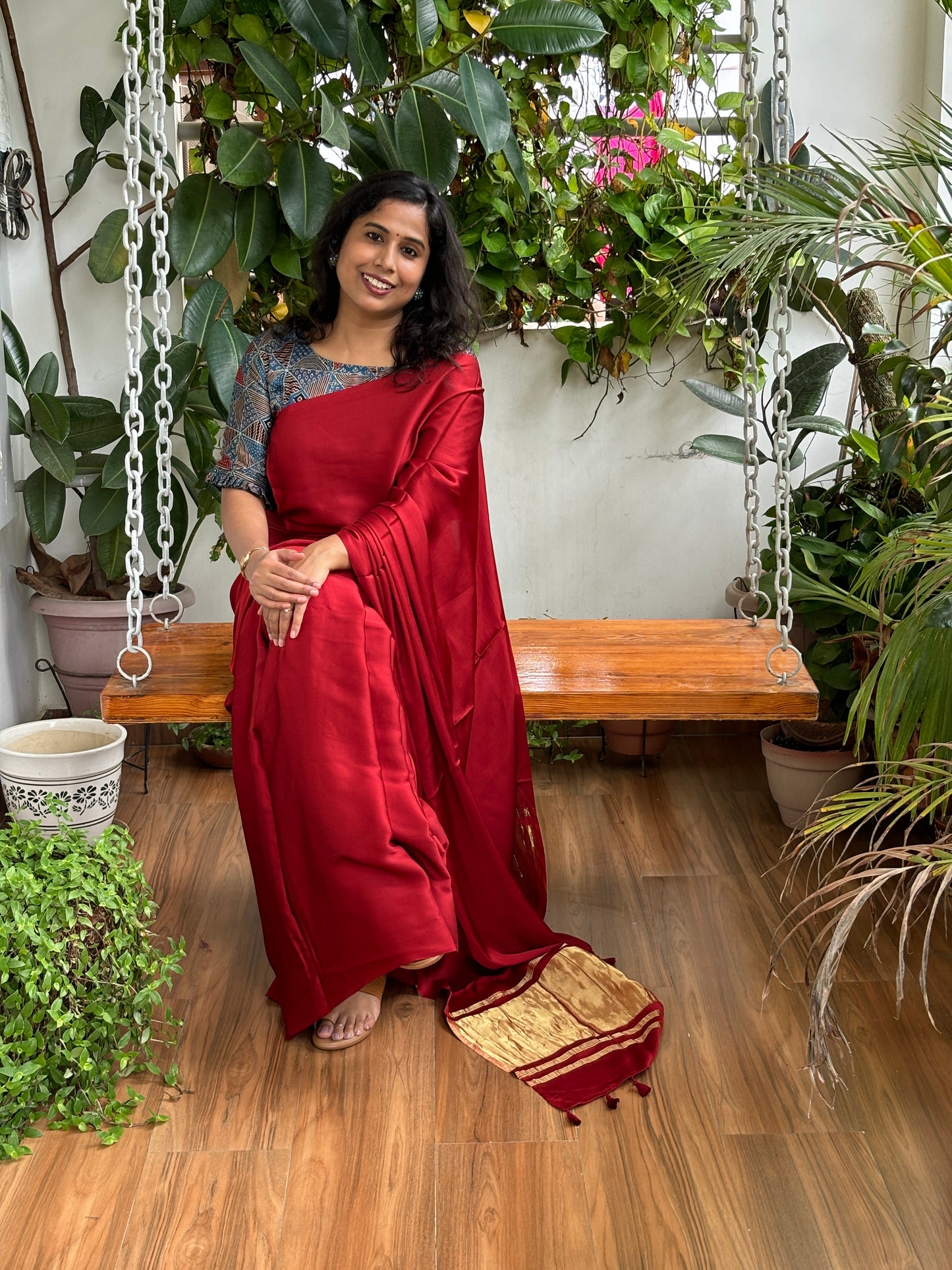 Maroonish Red Modal Plain Saree With Lagdi Palla