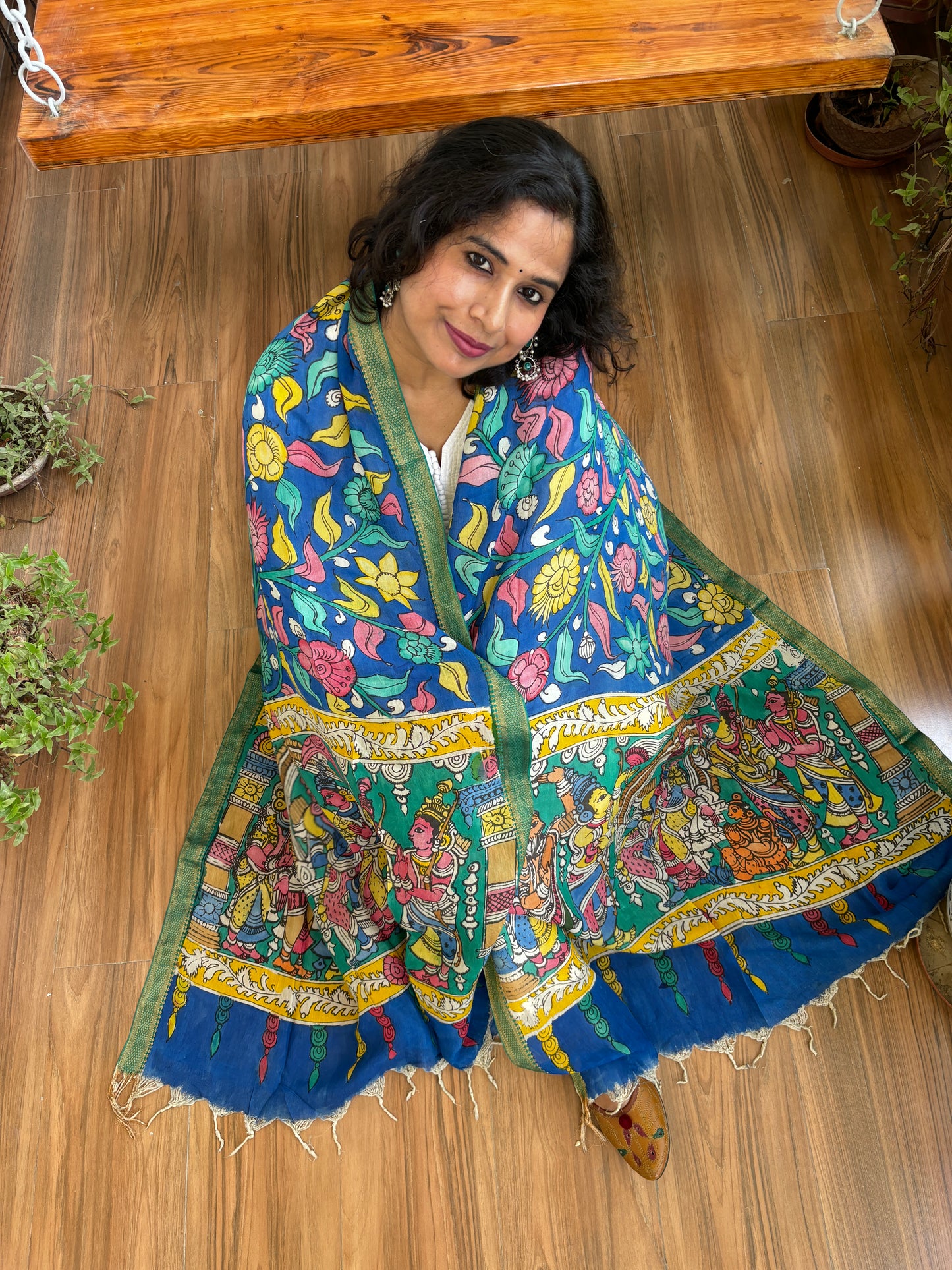 Blue- Srikalahasti Pen Kalamkari Silk Cotton With Zari Weaved Border Dupatta