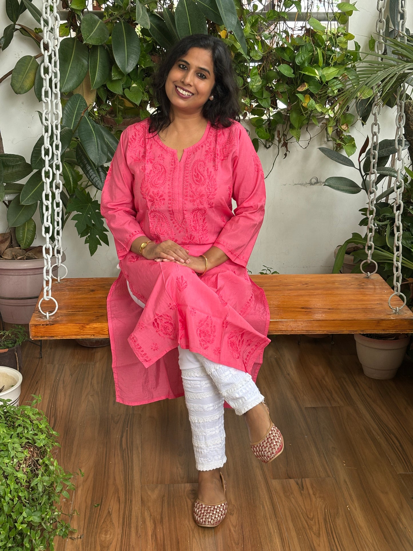 Bubblegum Pink Chanderi Chikan Hand Embroidered Kurti