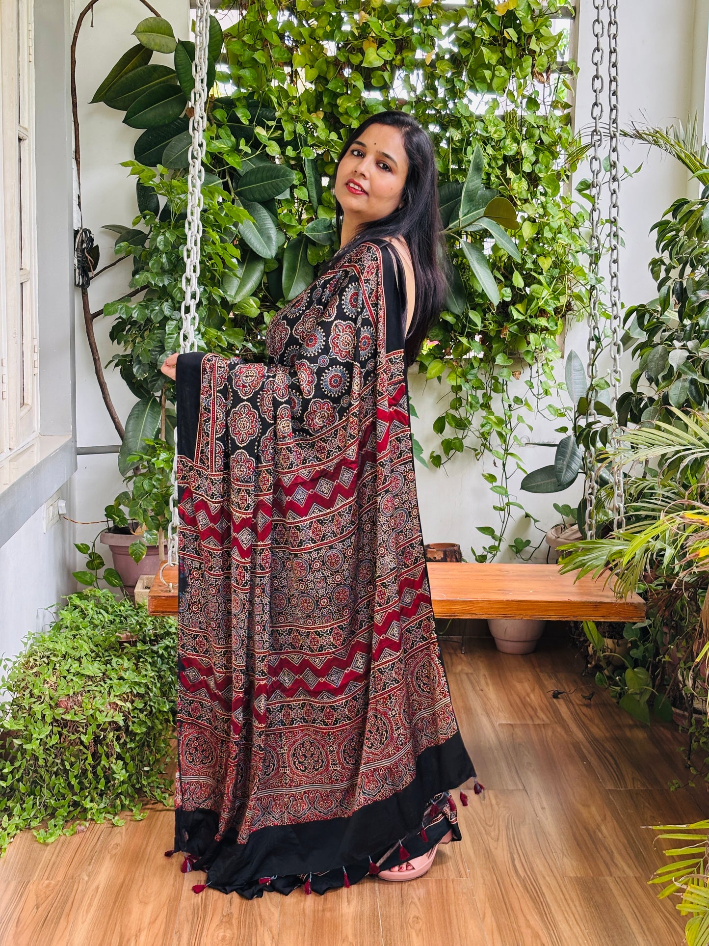 Bahar - Natural Dyed Black Colour Ajrakh Pure Modal Traditional Motif Saree