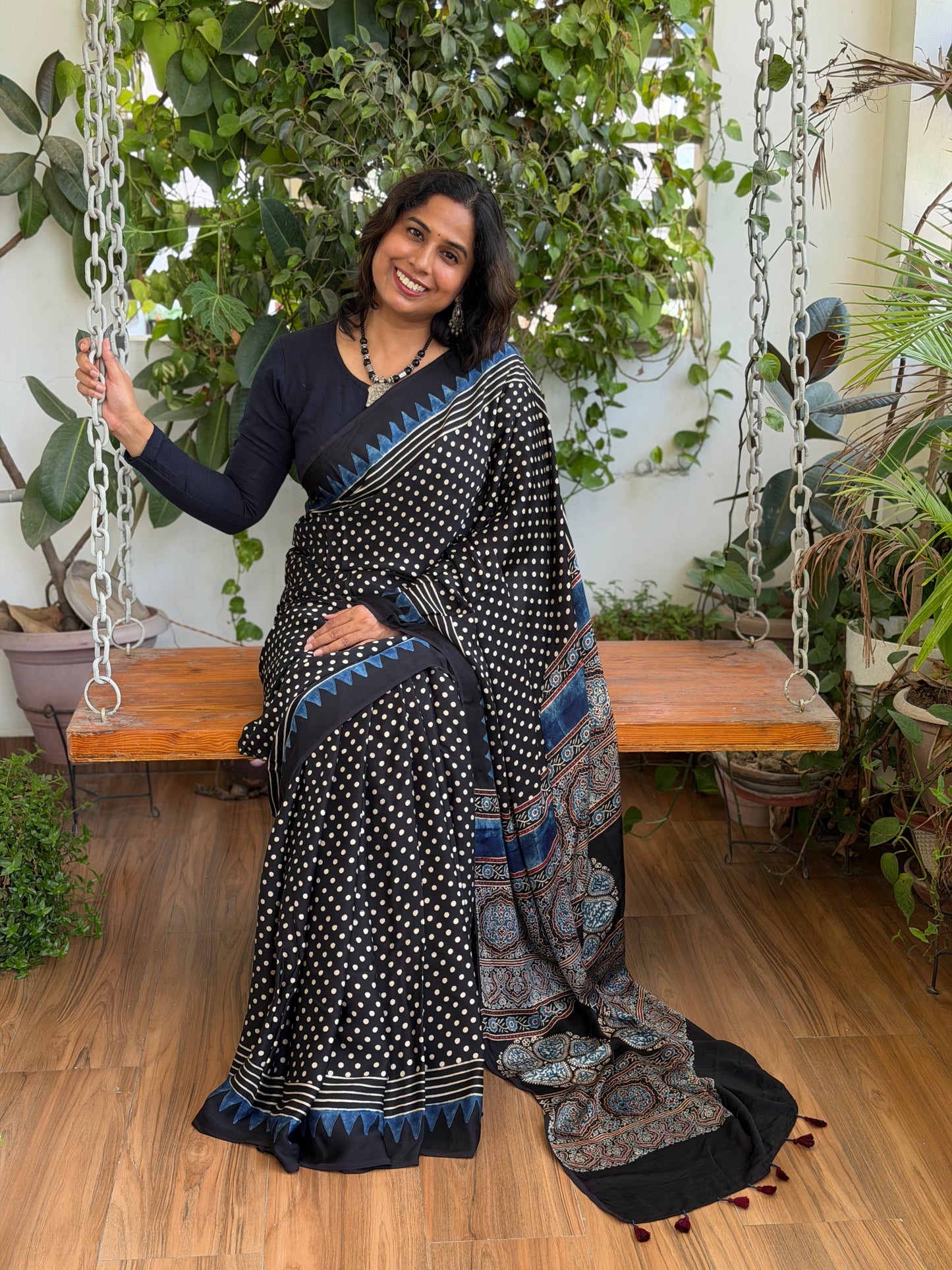 Black Natural Dyed Contemporary Ajrakh Modal Saree