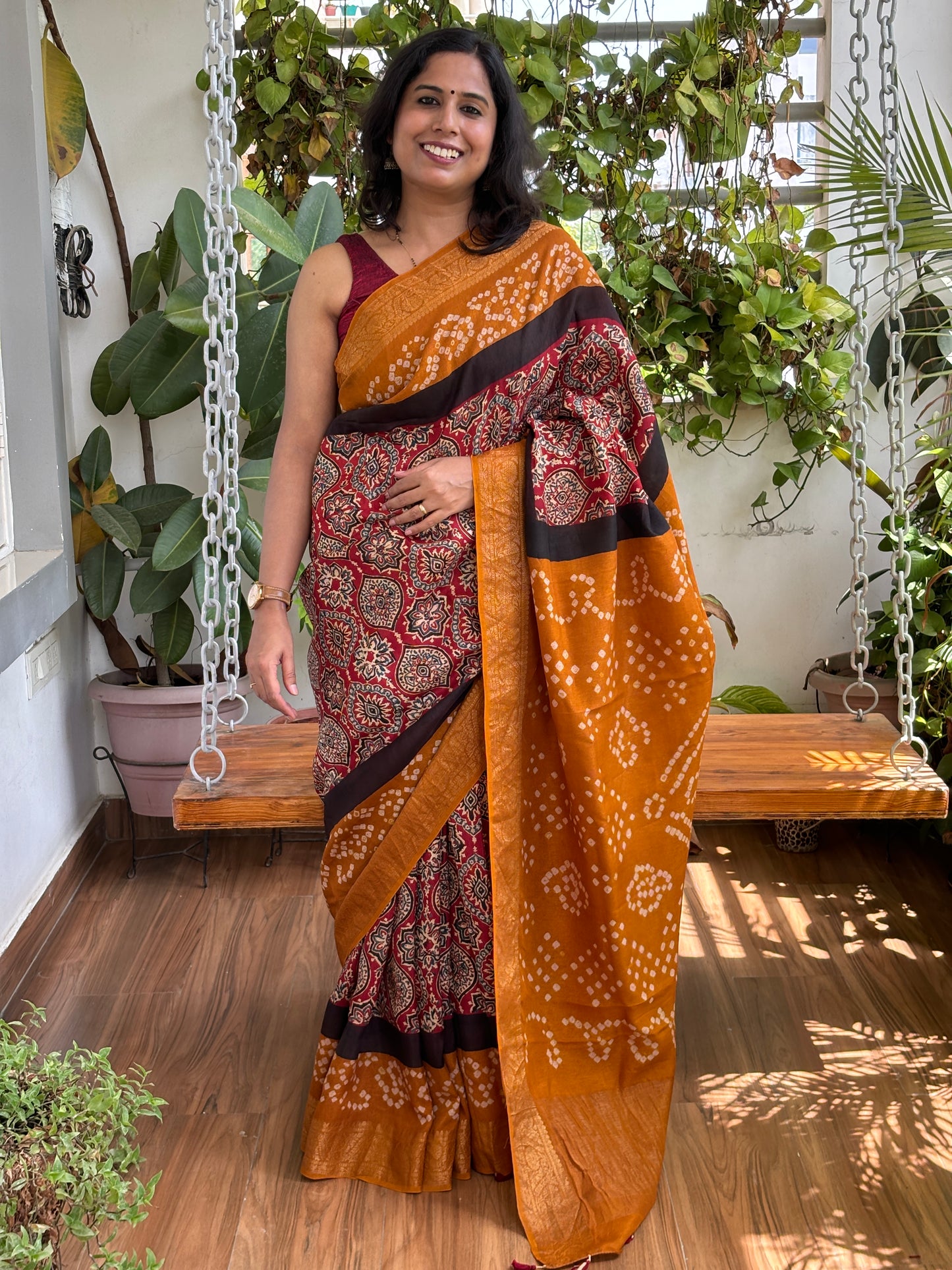 Shital- Dola Silk Natiral Dyed Ajrakh with Bandhej Saree