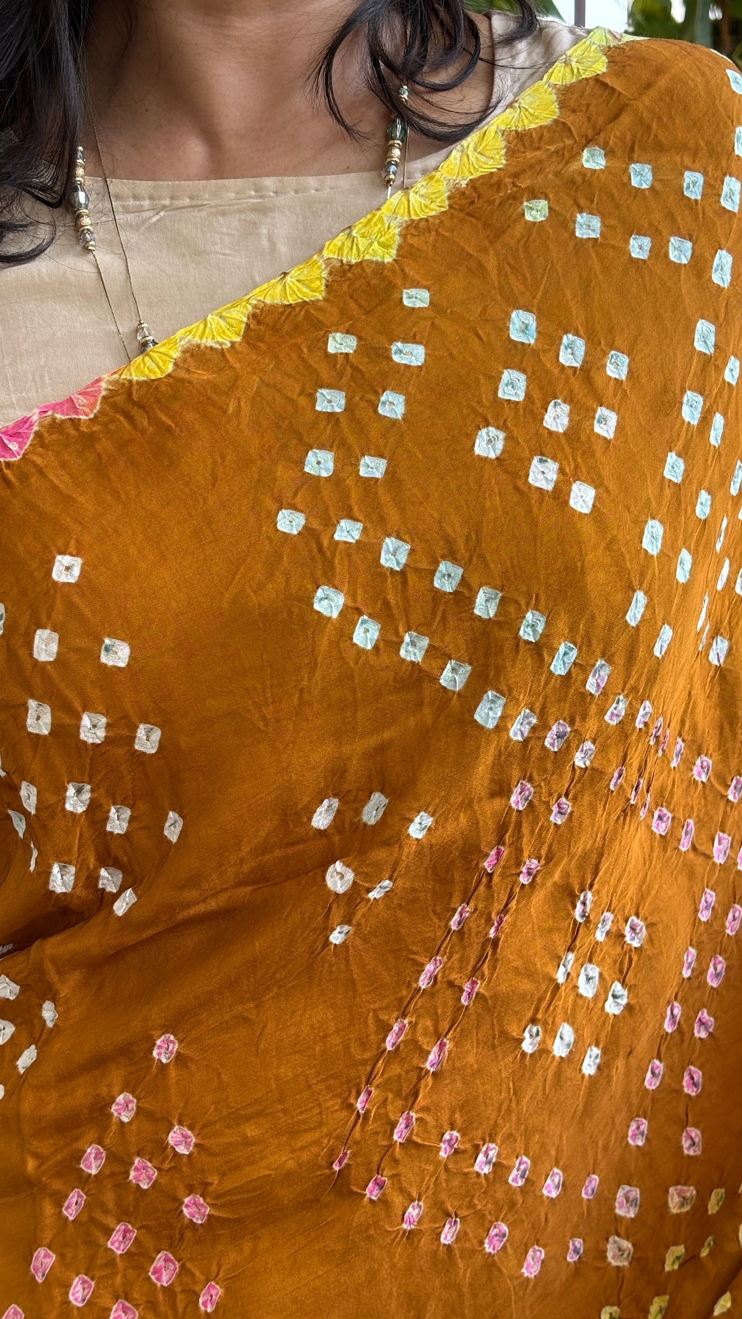 Satrangi - Mustard Yellow Colour Base With Multi Colour Hand Bandhej Modal Saree