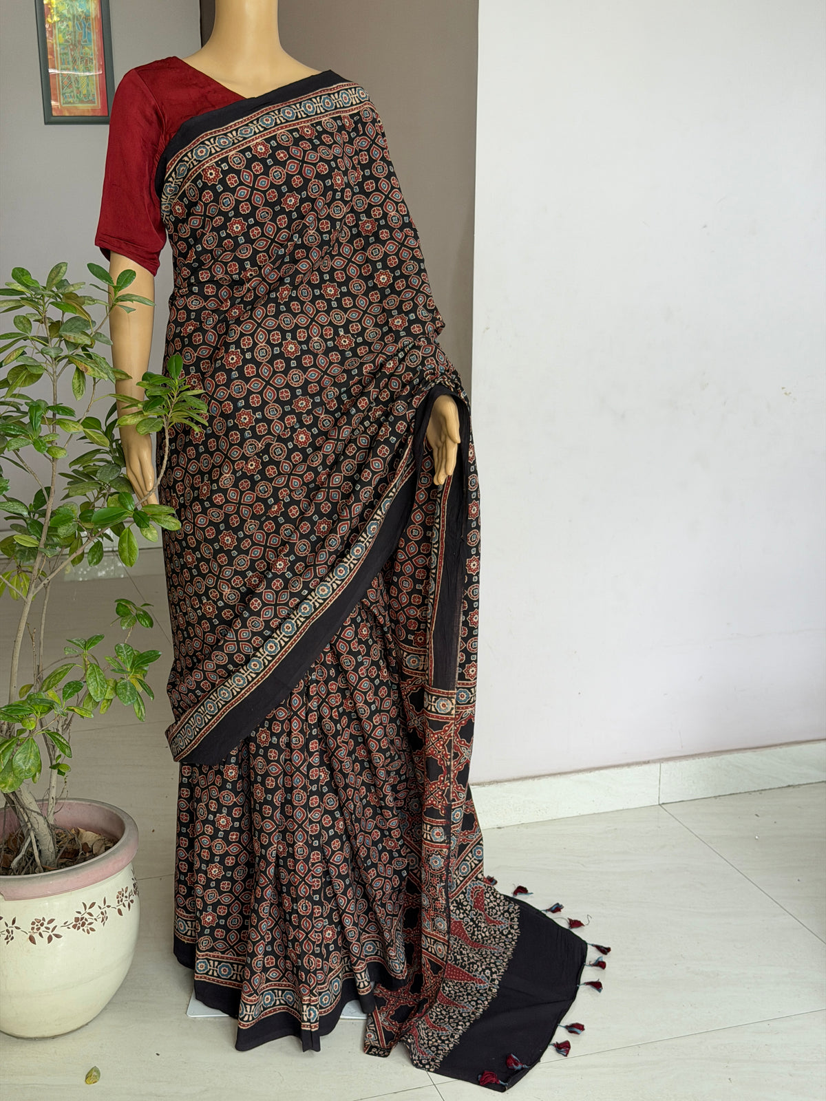 Cotton Ajrakh Hand Block Printed Contemporary Saree