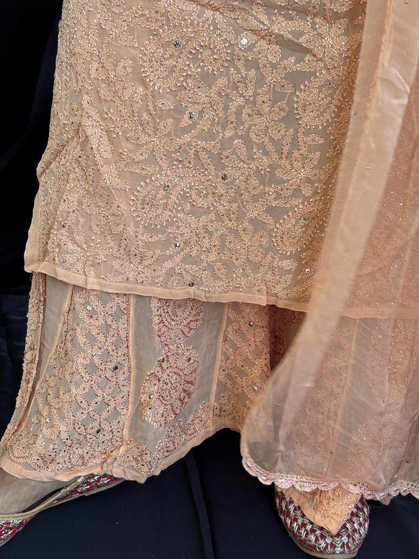 Chikan Hand Embroidered Pure Georgette Three Piece Set Pure Chiffon Dupatta With Mukaish Work
