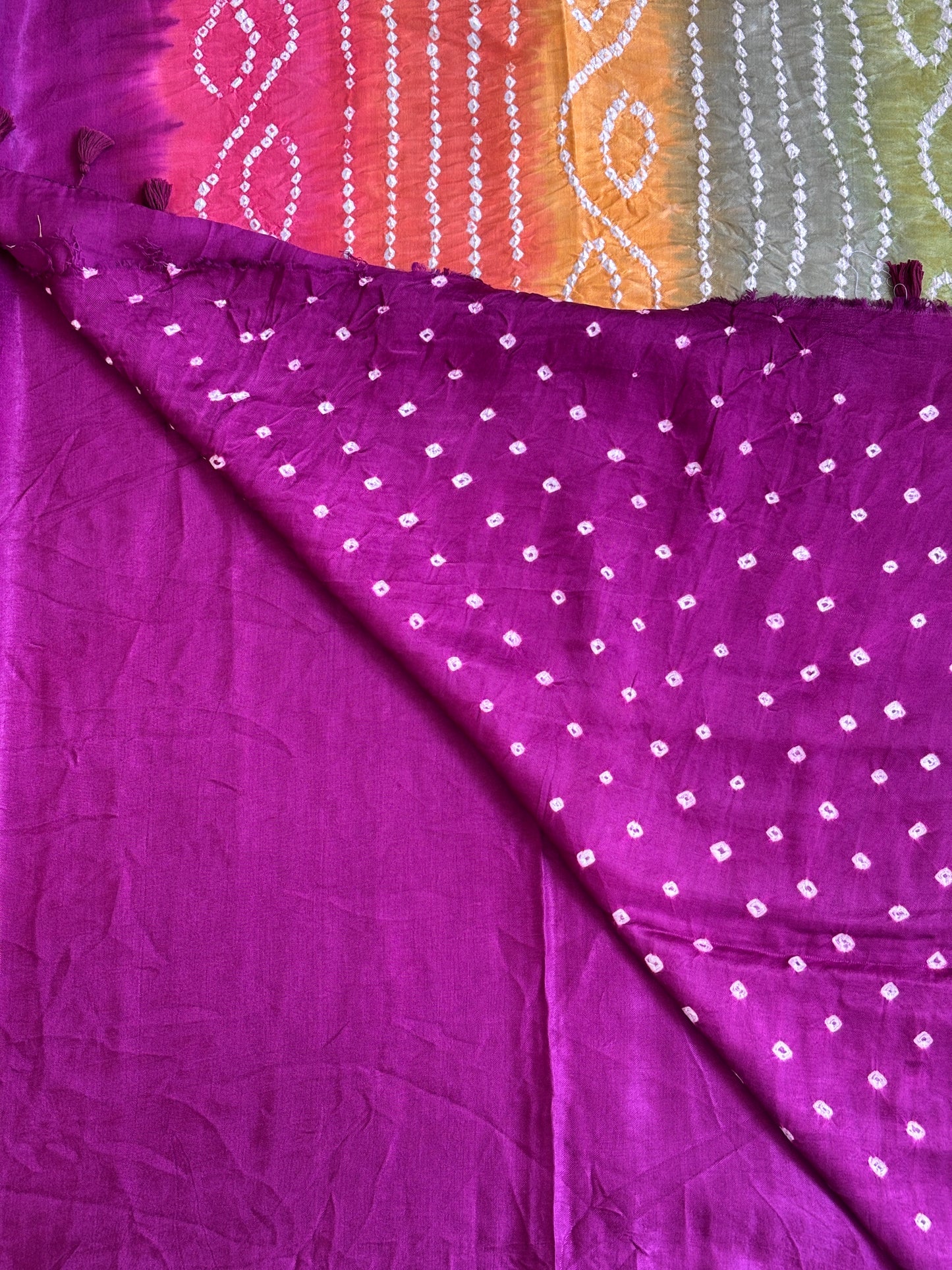 Magenta Solid Colour  Semi Modal Saree with Multi Colour Bandhej Palla