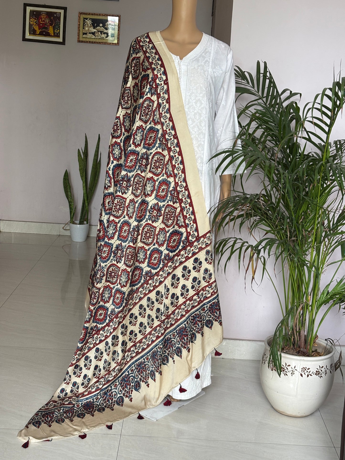 Ajrakh Modal Pale Ivory Dupatta With Badam Buta Motif