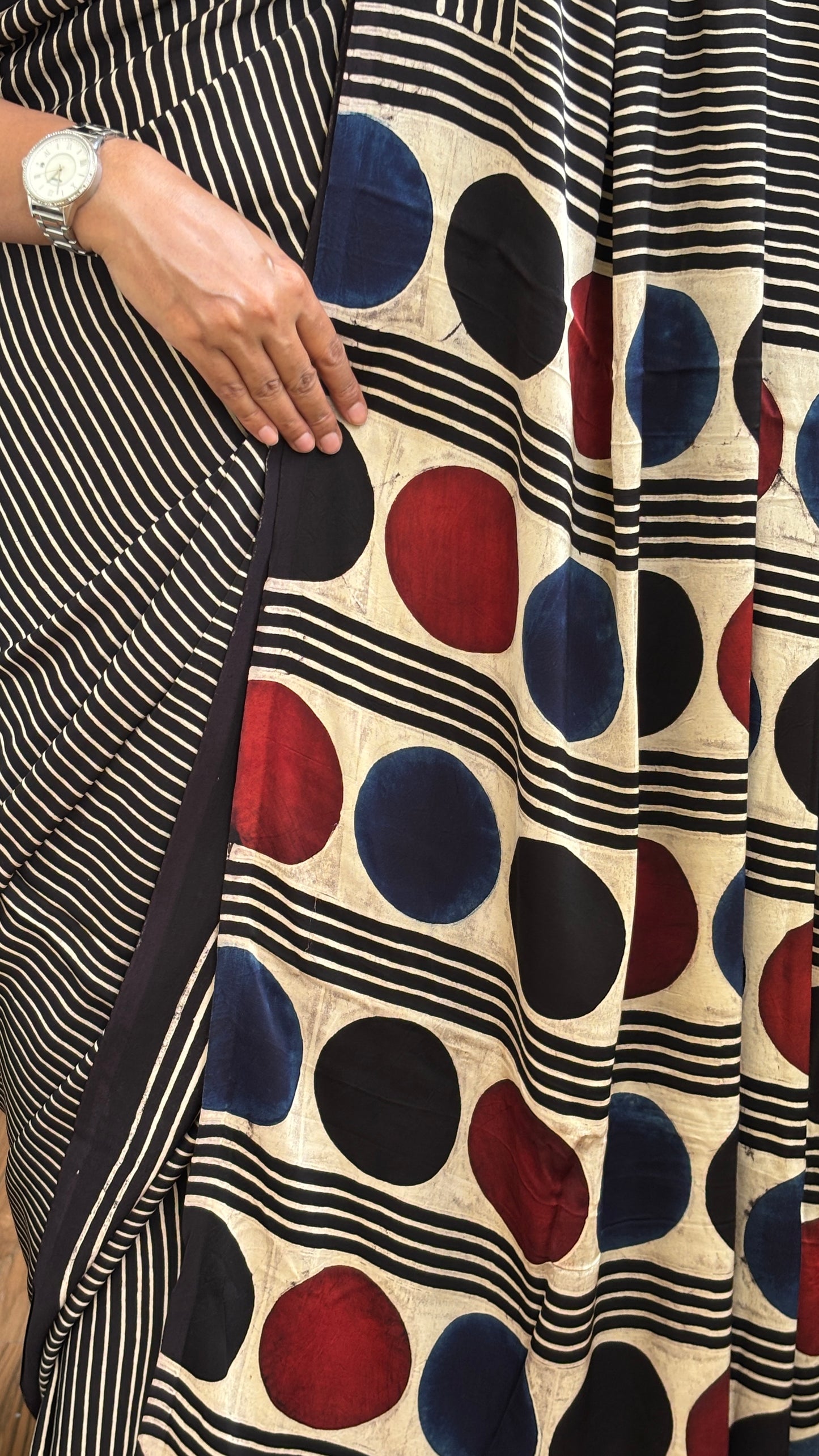 Bubbly - Natural Dyed Black and Pale Ivory Stripe Ajrakh Modal Saree with Contemporary Palla