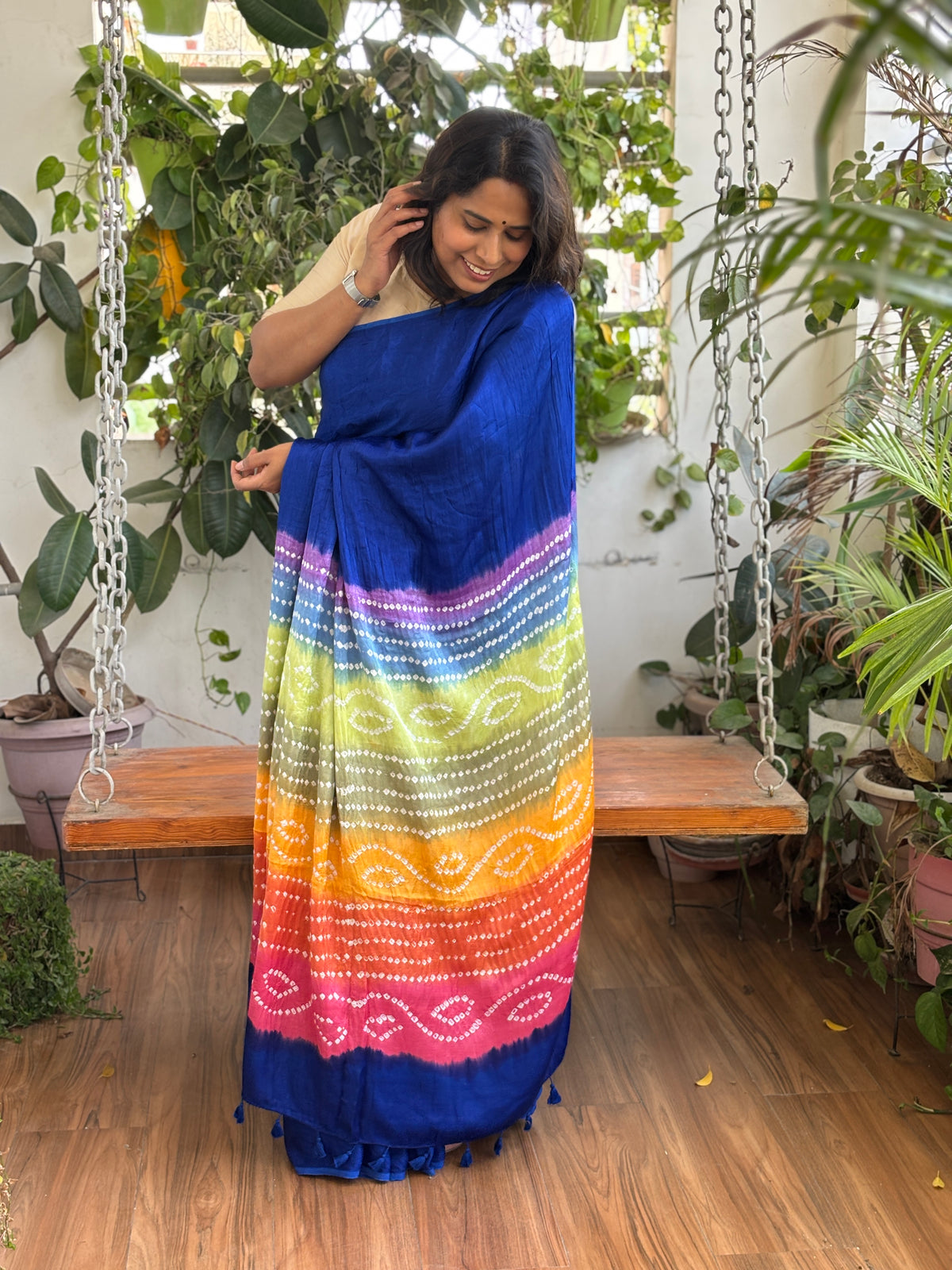 Blue Solid Colour Modal Saree with Multi Colour Bandhej Palla