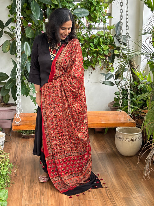 Ajrakh Modal Madder Dupatta- Natural Dyed Hand-block Printed Square Jaal Motif Dupatta