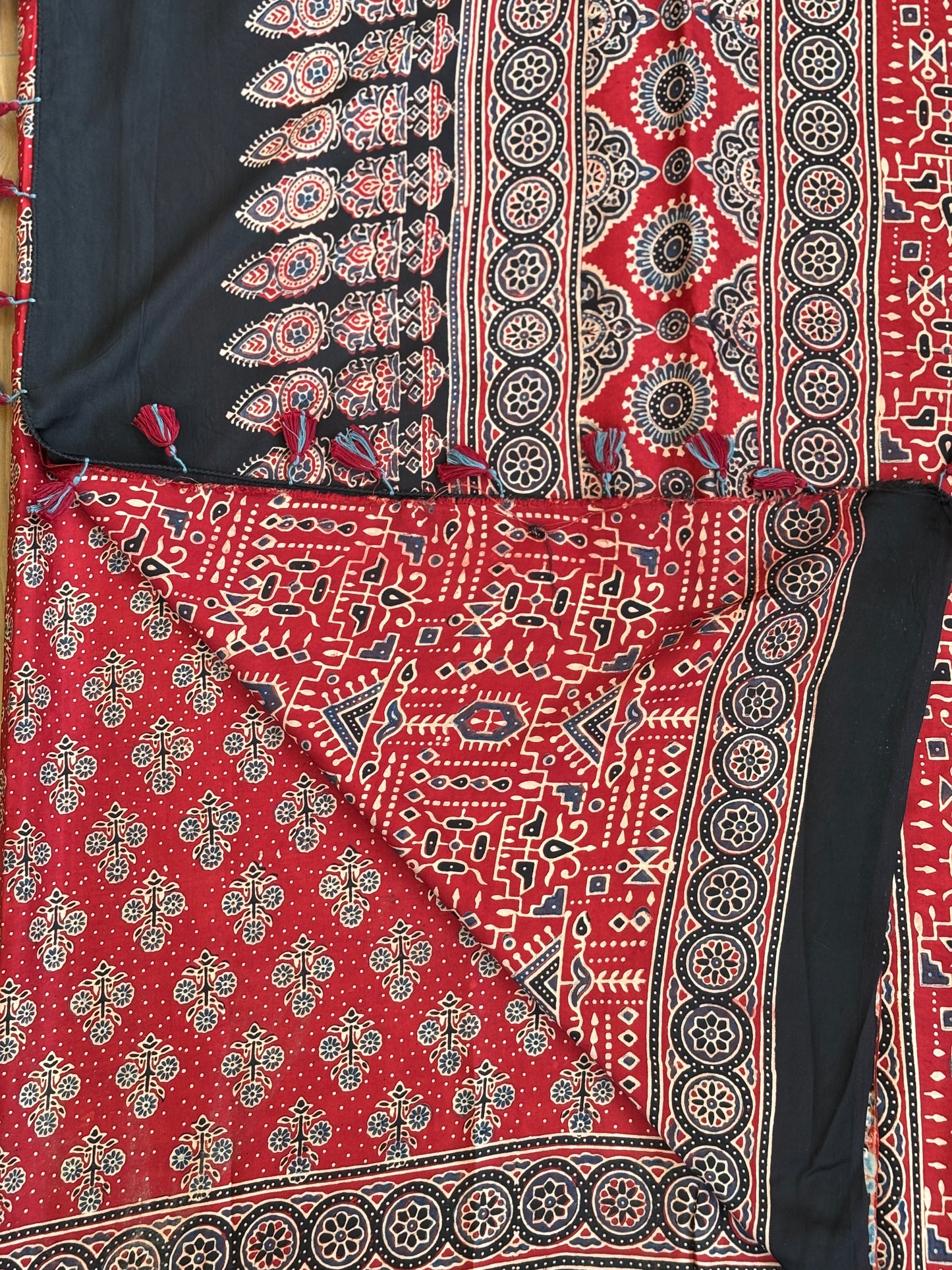 Red Ajrakh Modal Saree, Ajrakh modal saree, Blouse 