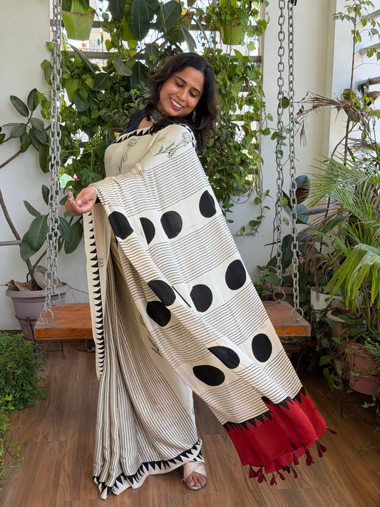 Khatta Meetha  - Pale Ivory Contemporary Ajrakh Modal Saree