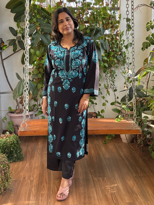 Black and Blue Chikan Hand Embroidered Rayon Cotton Kurti