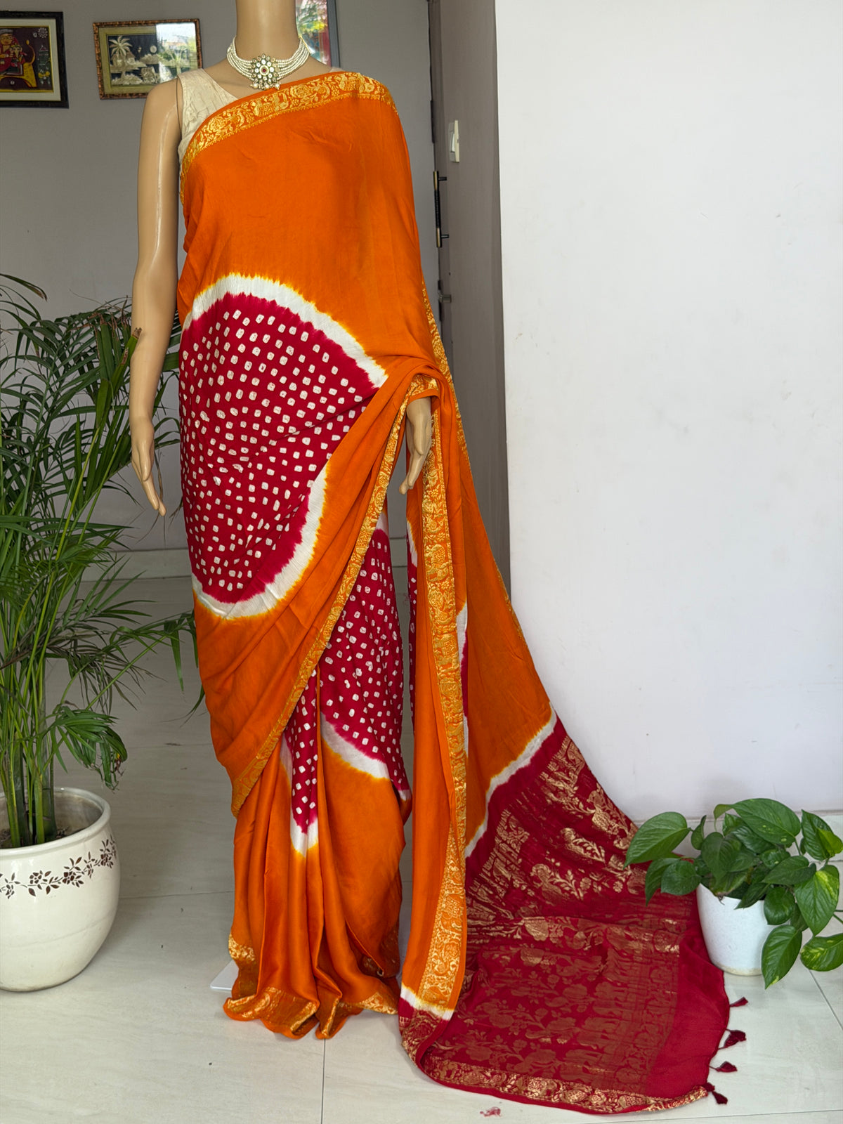 Modal Designer Bandhej Saree With Banarasi Border And Palla