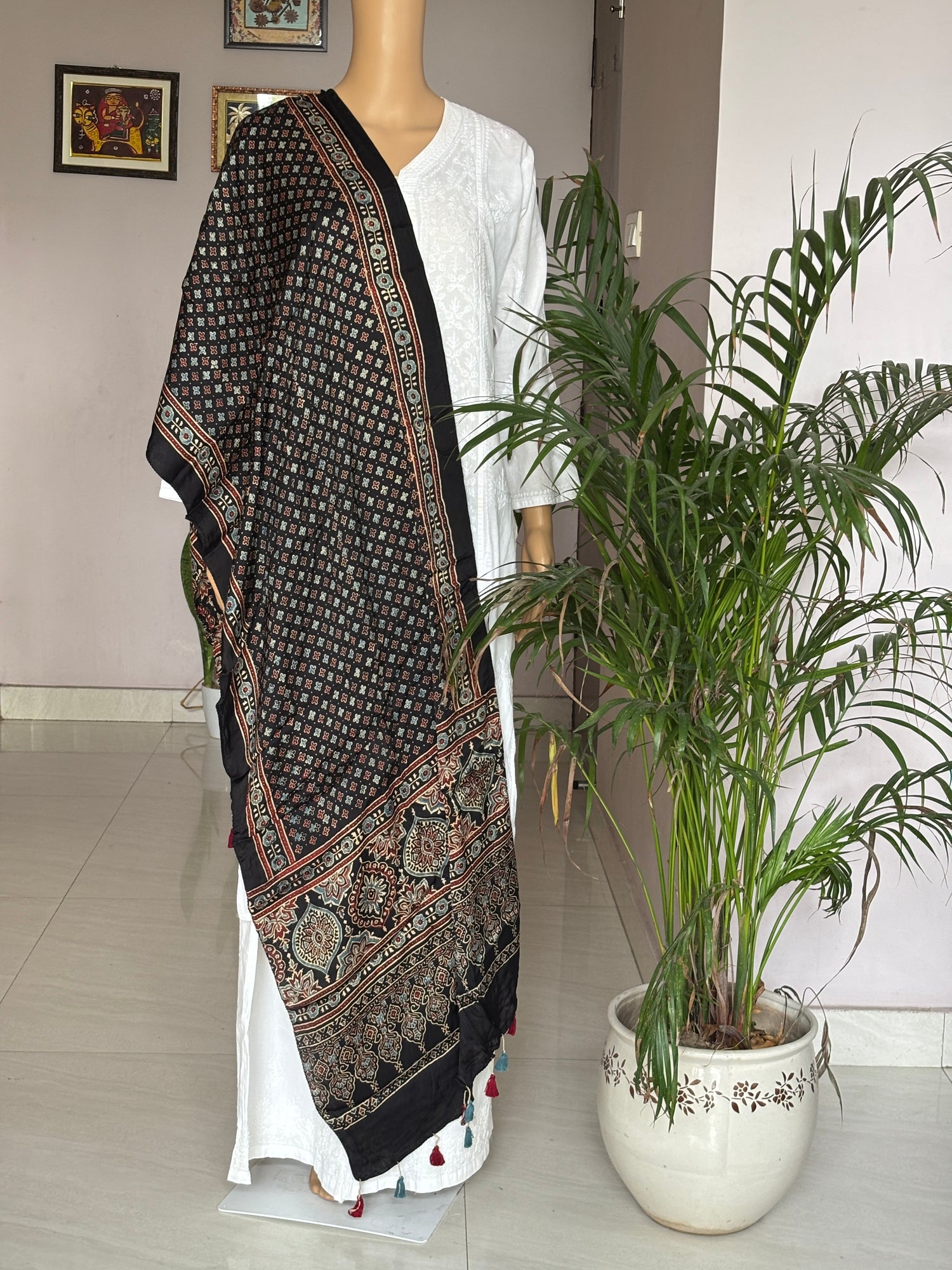 Ajrakh modal stole, pure modal, front view.
