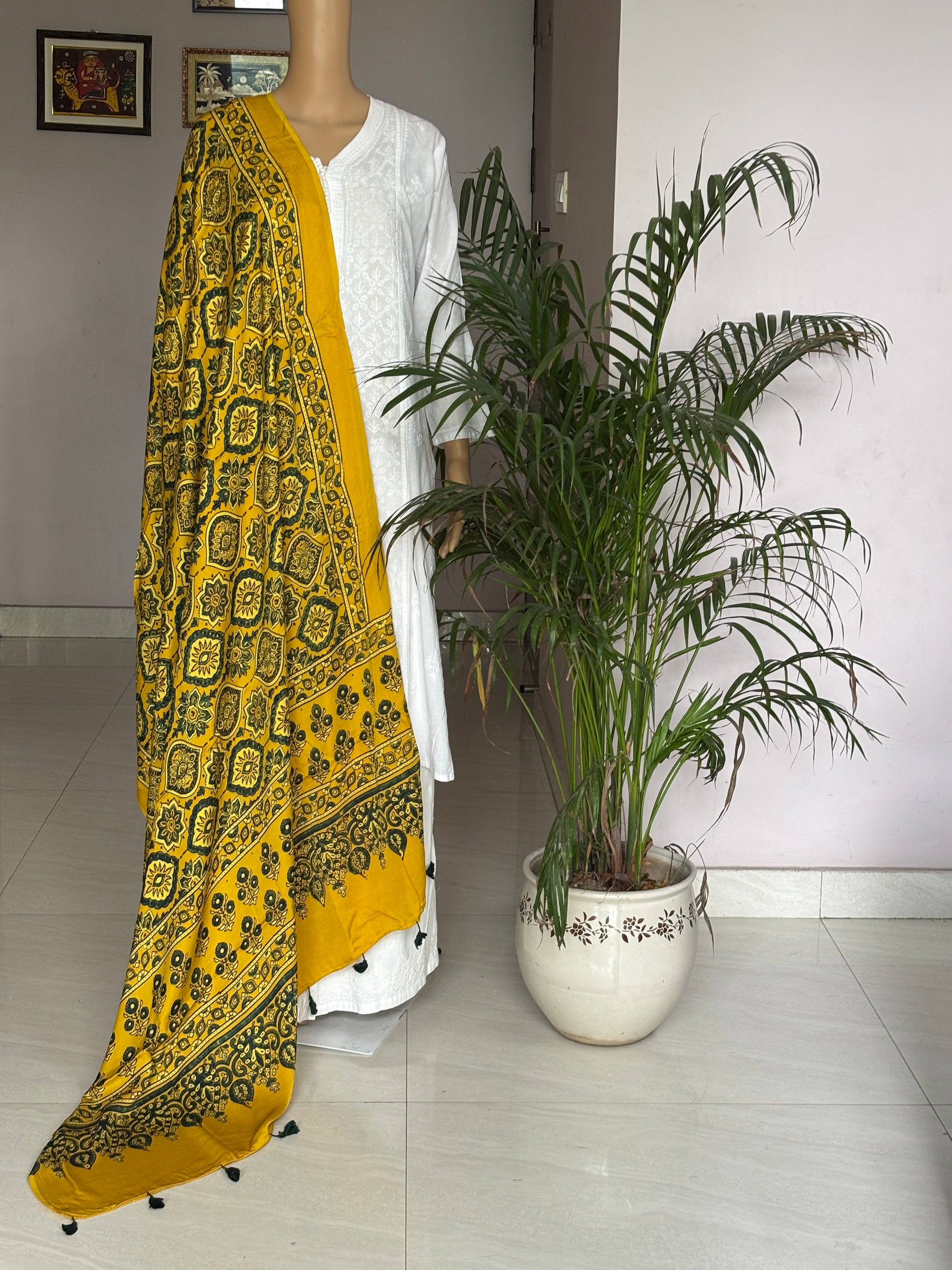 Yellow Dupatta With Badambuta Motif,ajrakh modal dupatta, front view.