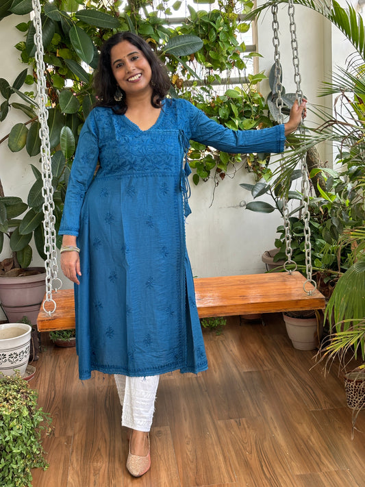 chikankari angrakha kurti,blue front view.