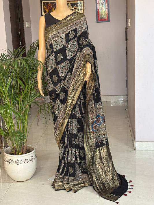 Black Ajrakh Saree In Dola Silk
