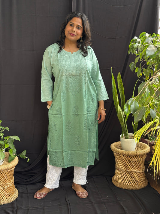 Cotton Chikan Hand Embroidered Ombre Dyed Kurti