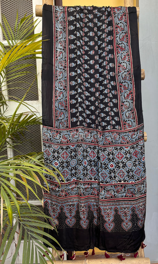 Ajrakh Stoles- Natural Dyed Black Colour Small Buta Stole