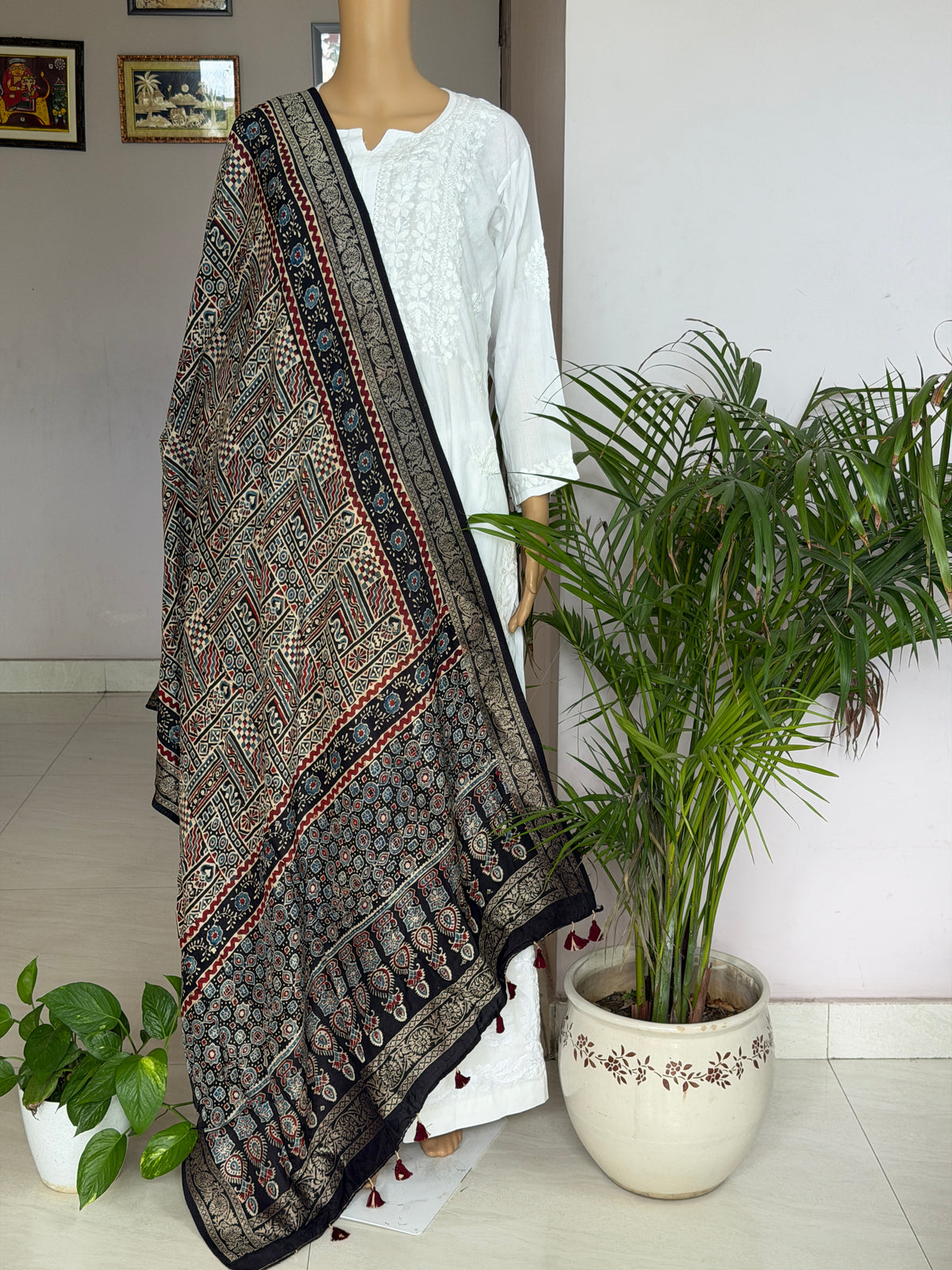 Ajrakh Dola Silk Dupatta With Zari Weaved Border