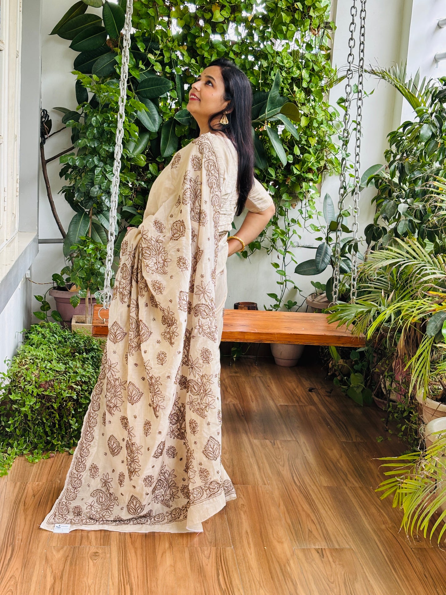 Pale Ivory Light Chrushed Candri Cotton Chikankari Hand Embroidered Saree