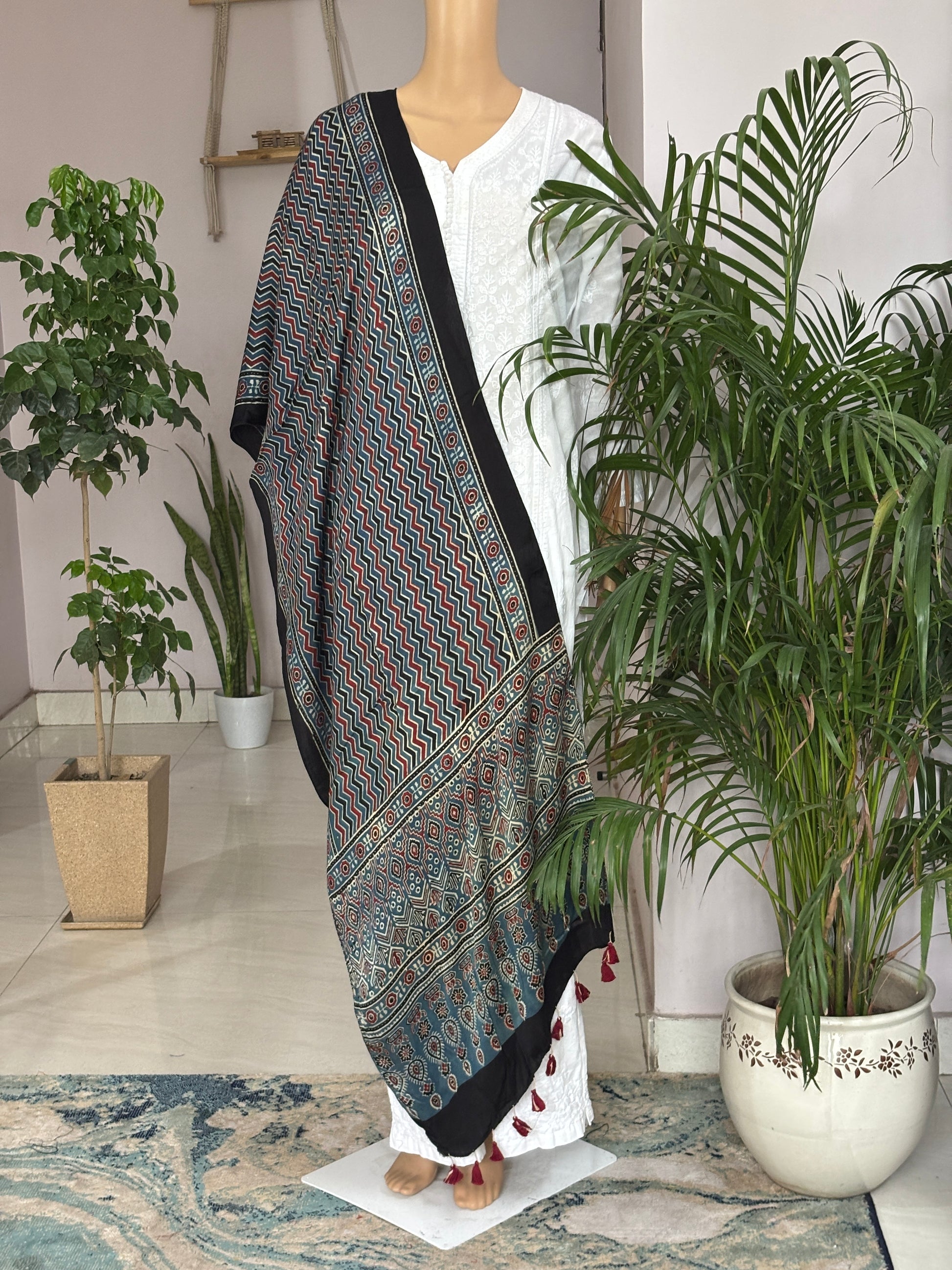 ajrakh black, indigo, red zig zag stole, ajrakh contemporary stole, front view.