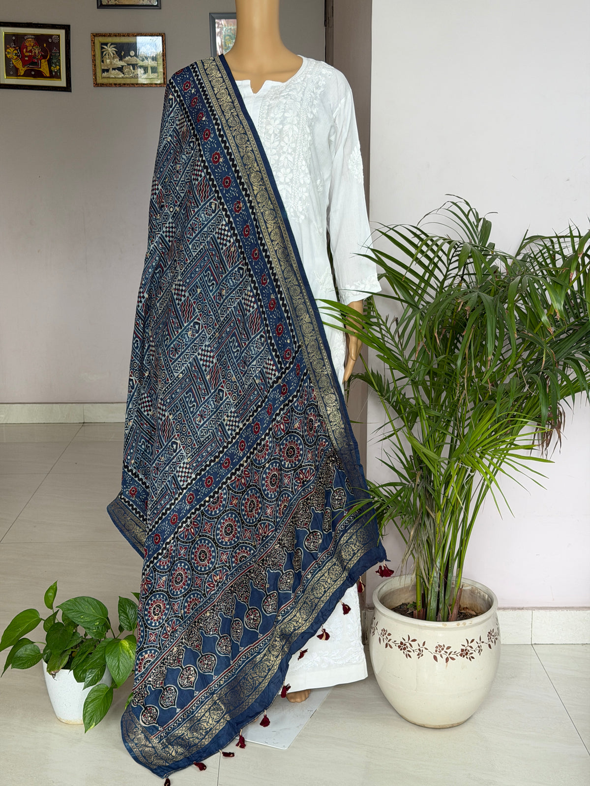 Ajrakh Dola Silk Dupatta With Zari Weaved Border