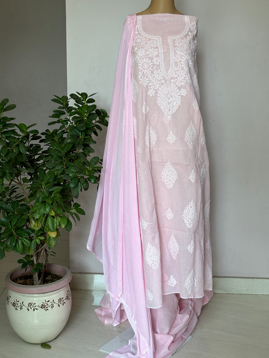 Baby Pink Pink  Chikankari Hand Embroidered Shirt and Bottom with Chiffon Dupatta (2)