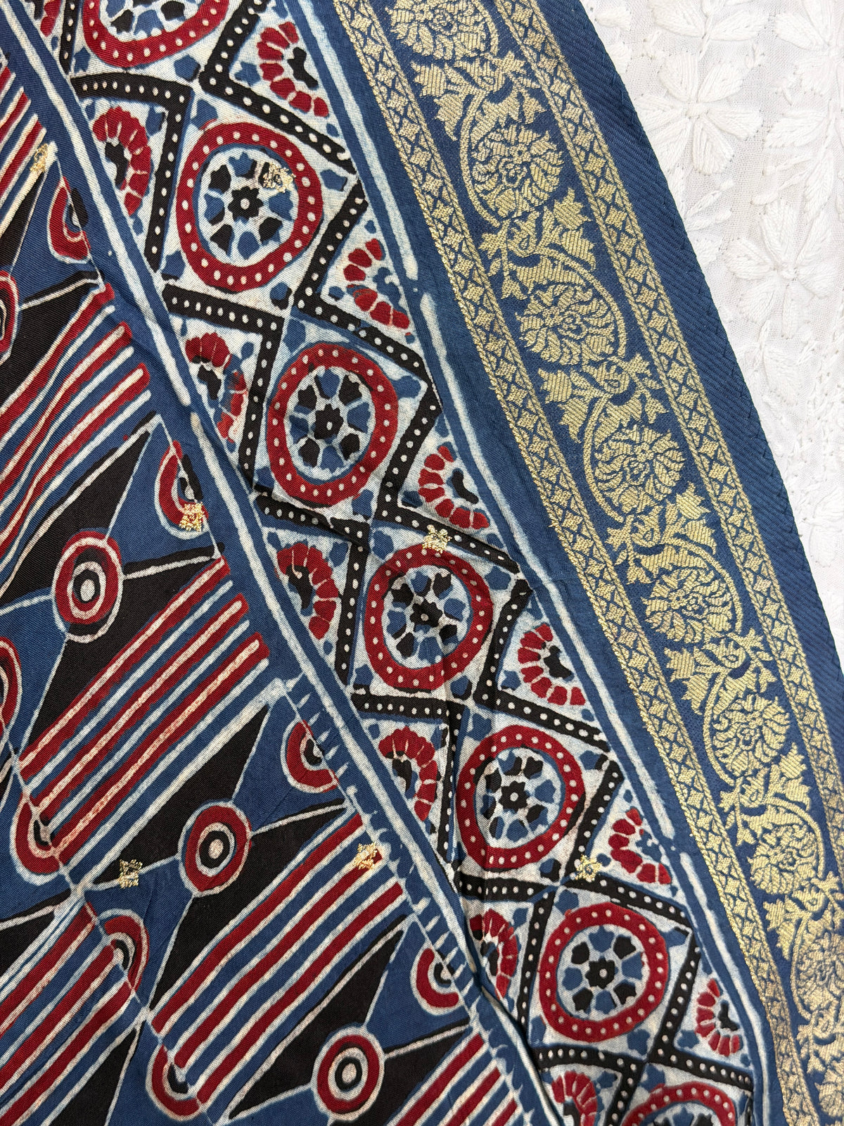 Ajrakh Dola Silk Dupatta With Zari Weaved Border