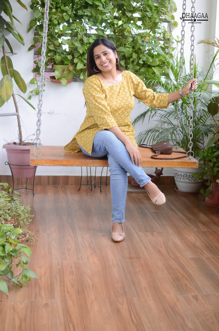 Yellow Cotton Short Kurti