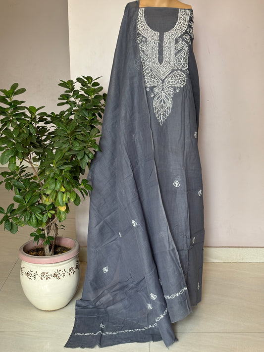 Dark Grey Pink Chikankari Hand Embroidered Shirt, Bottom and Dupatta Fabric in Cotton