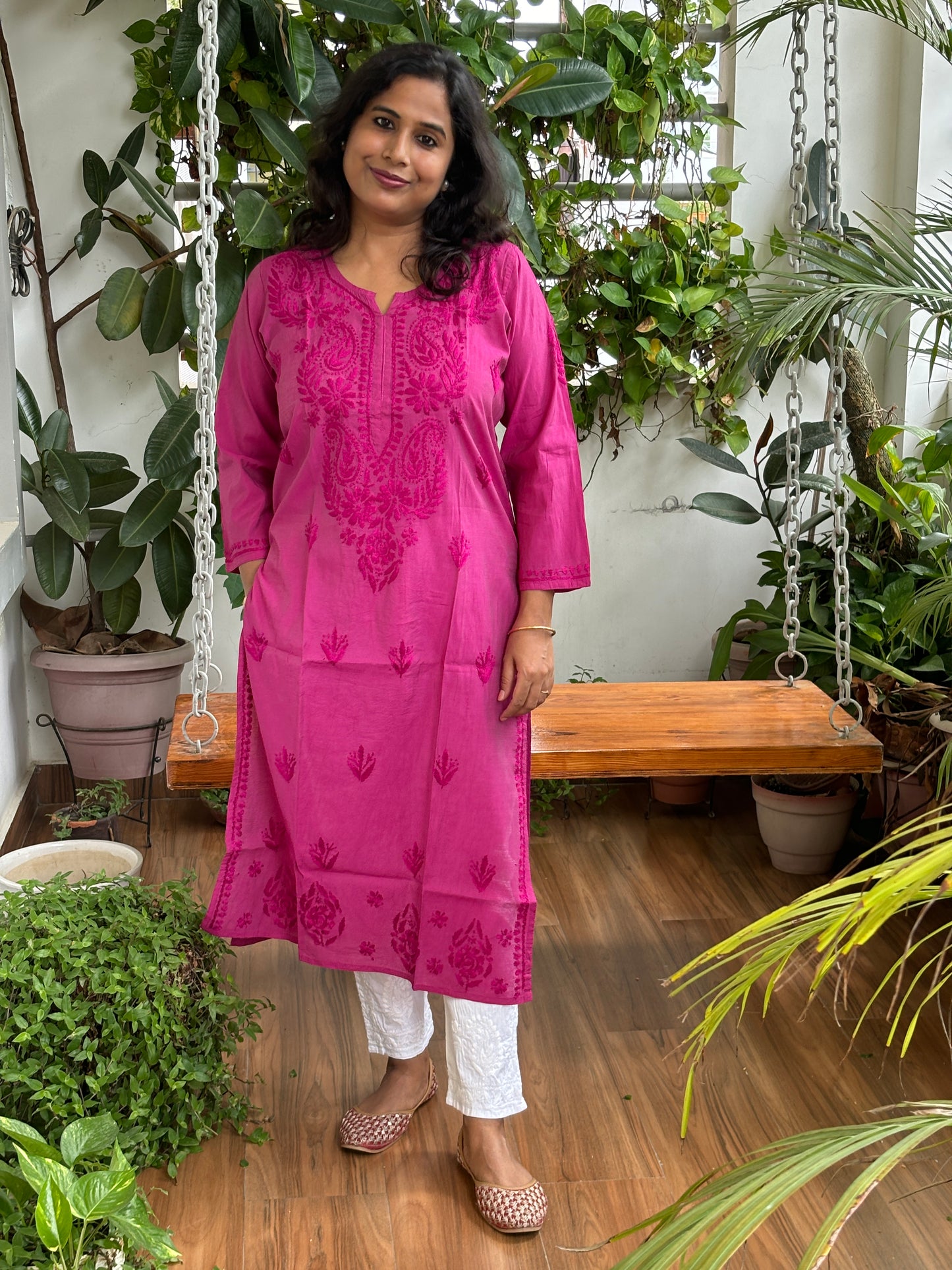 Rani Pink Colour Chanderi Chikan Hand Embroidered Kurti