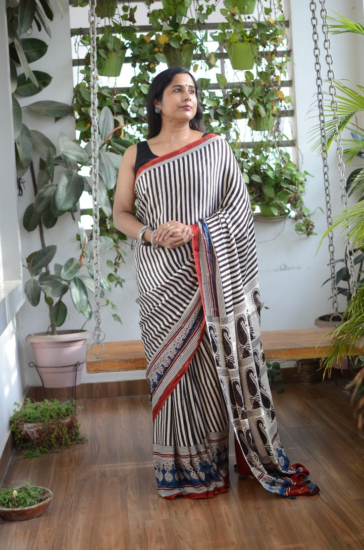 Sathiya (Natural Dyed Pale Ivory and Madder Stripe Motif Modal Saree)