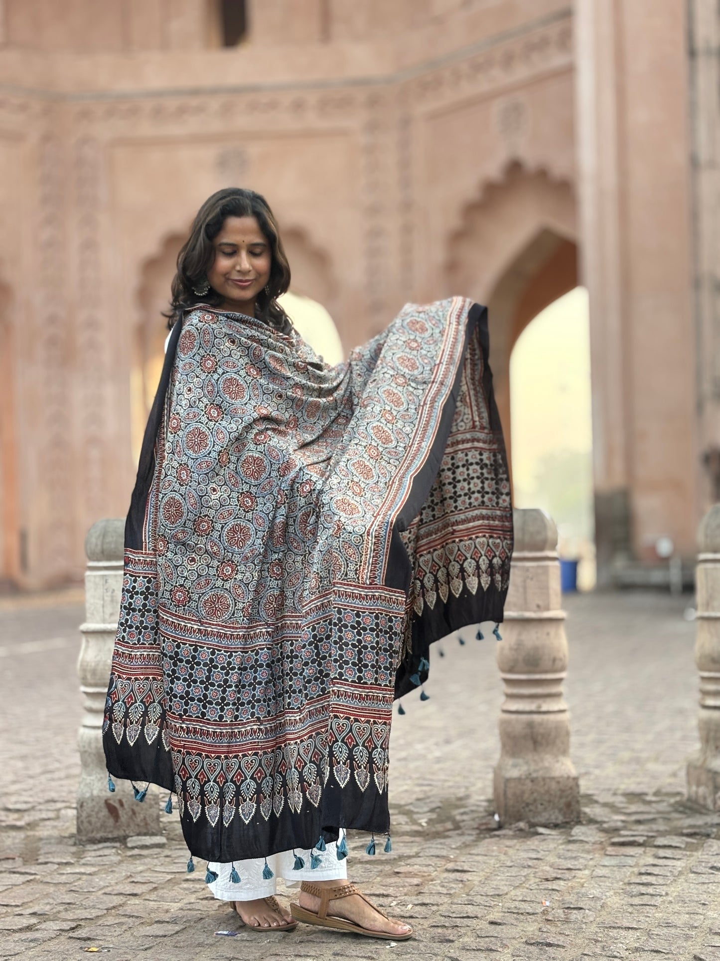 Black Colour Geometrical Jaal Motif Pure Modal Dupatta,ajrakh modal dupatta,view.