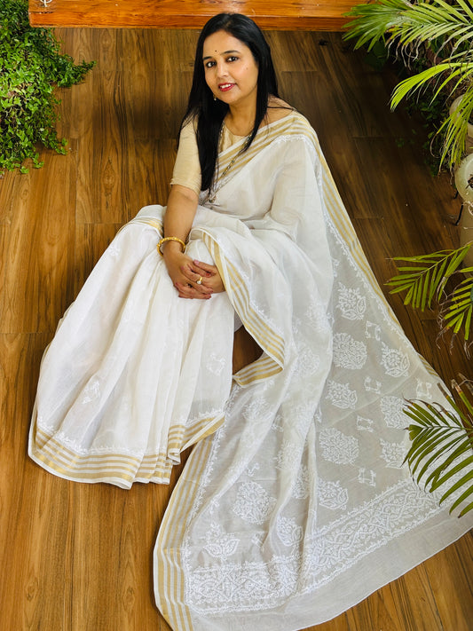 White Colour Candri Cotton Chikankari Hand Embroidered Saree