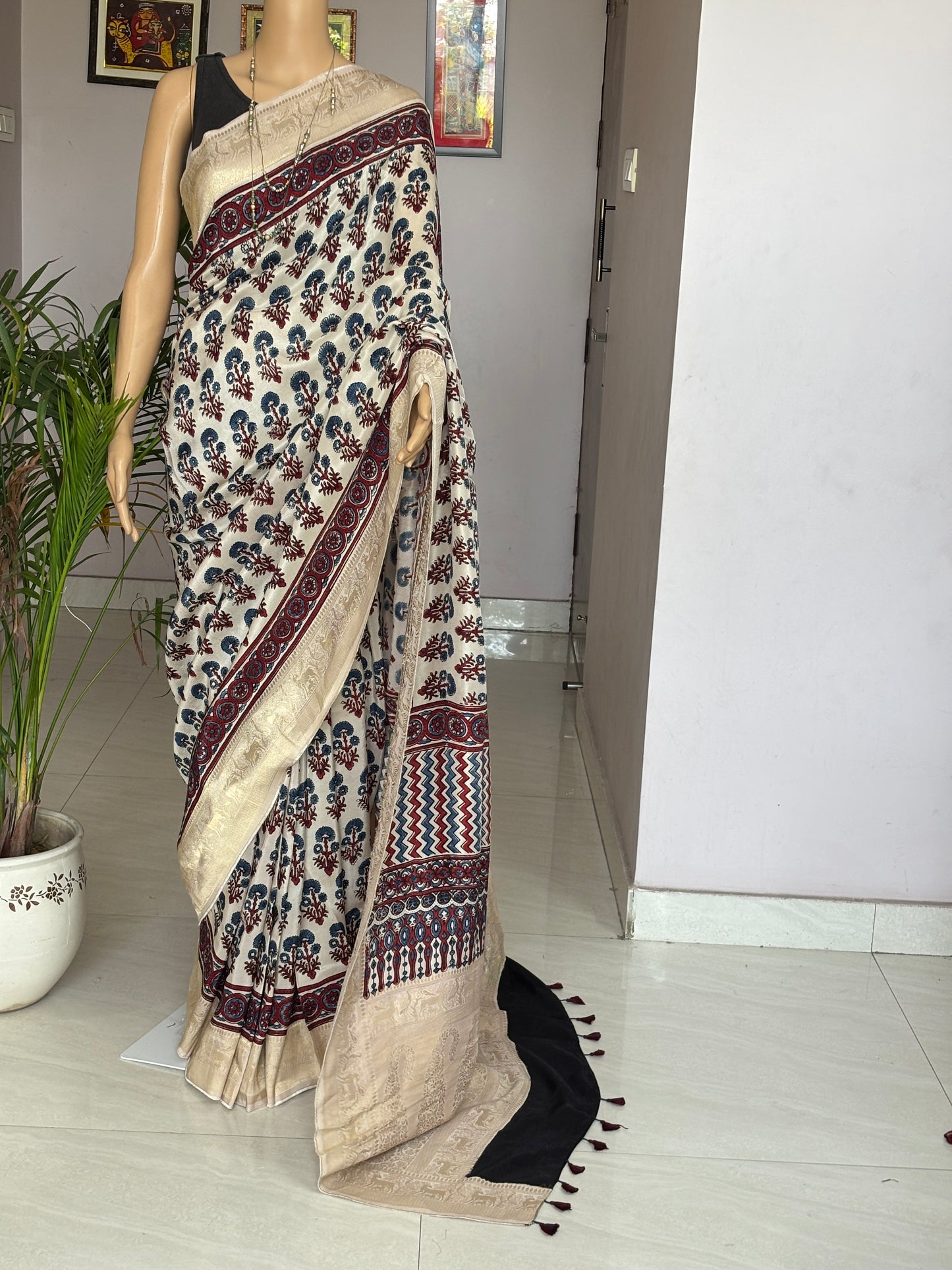 Pale Ivory Ajrakh Hand Block Printed Marigold Motif Dola Silk Saree