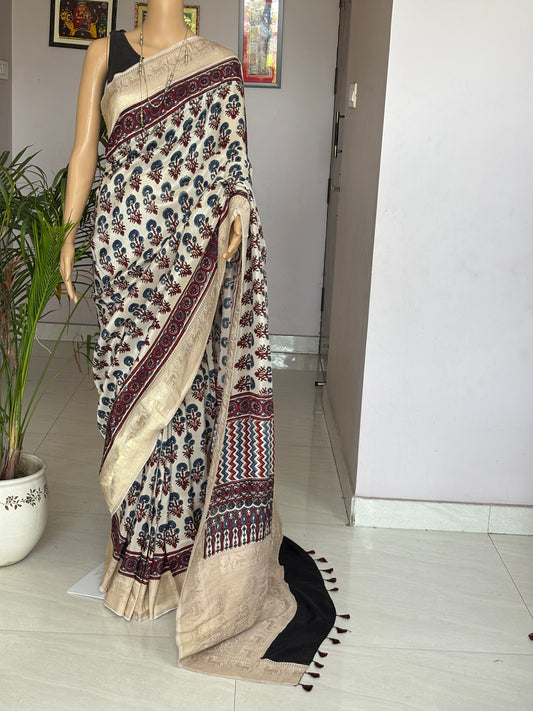 Pale Ivory Ajrakh Hand Block Printed Marigold Motif Dola Silk Saree