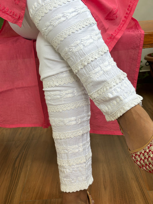 Chikankari Stretchable Cotton Pant With 4 Layer Lace