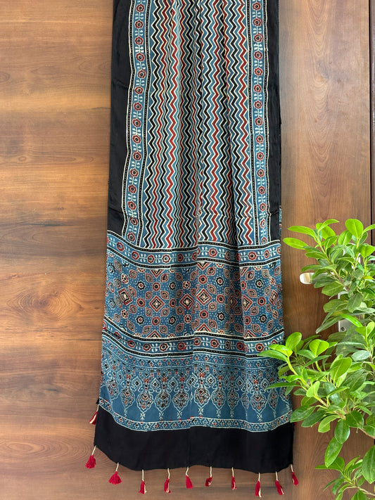 Ajrakh Stole- Indigo Natural Dyed Contemporary Motif Stole