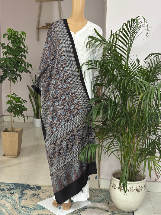 Earthen Brown and Indigo Natural Dyed Ajrakh Floral Bel Motif Modal Stole