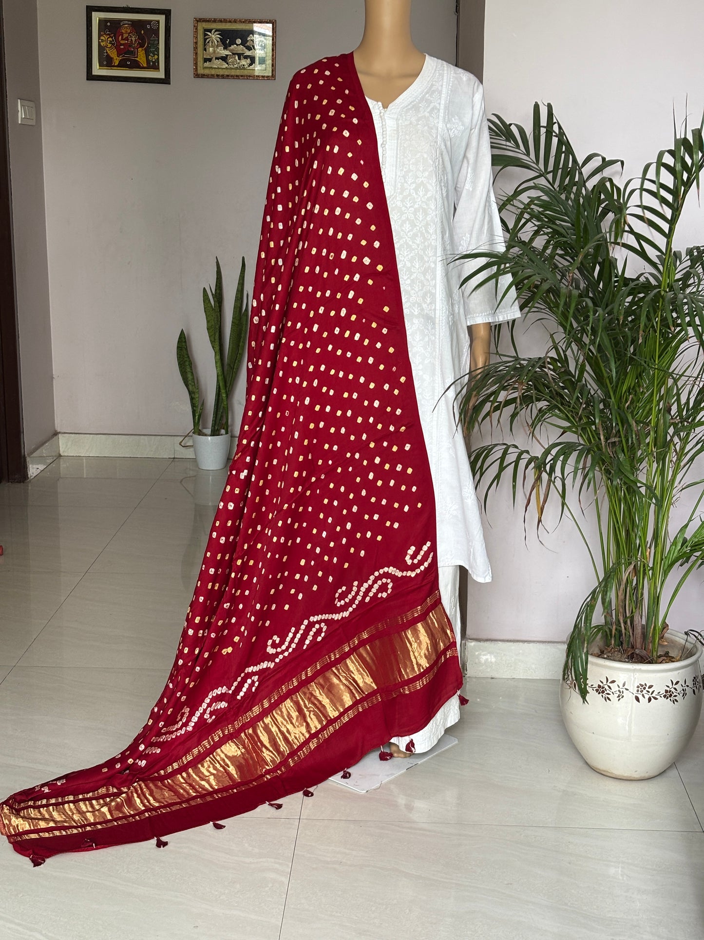Red Colour Modal Dupatta with Bandhej and Tissue Palla