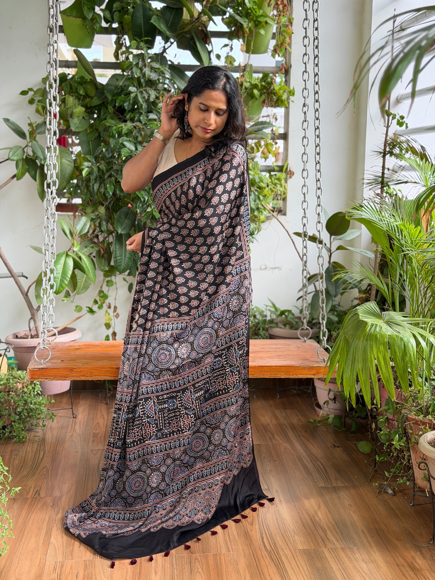 Ajrakh Modal Black Small Buta Saree